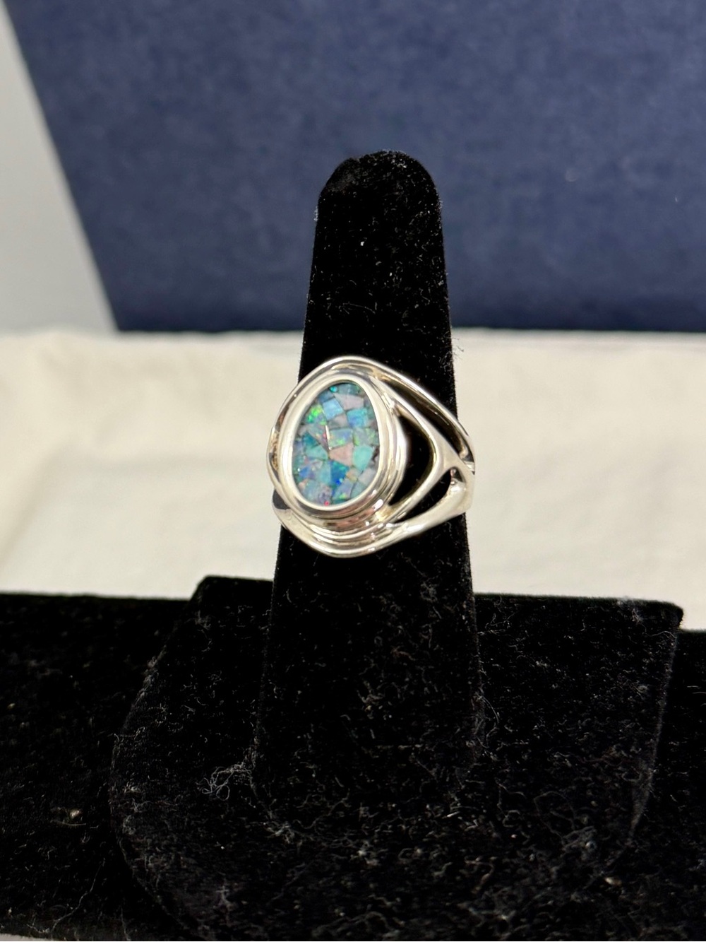 WHITNEY KELLY Sterling Silver Chipped Blue Opal Inlay Mosaic Ring; SIZE 7